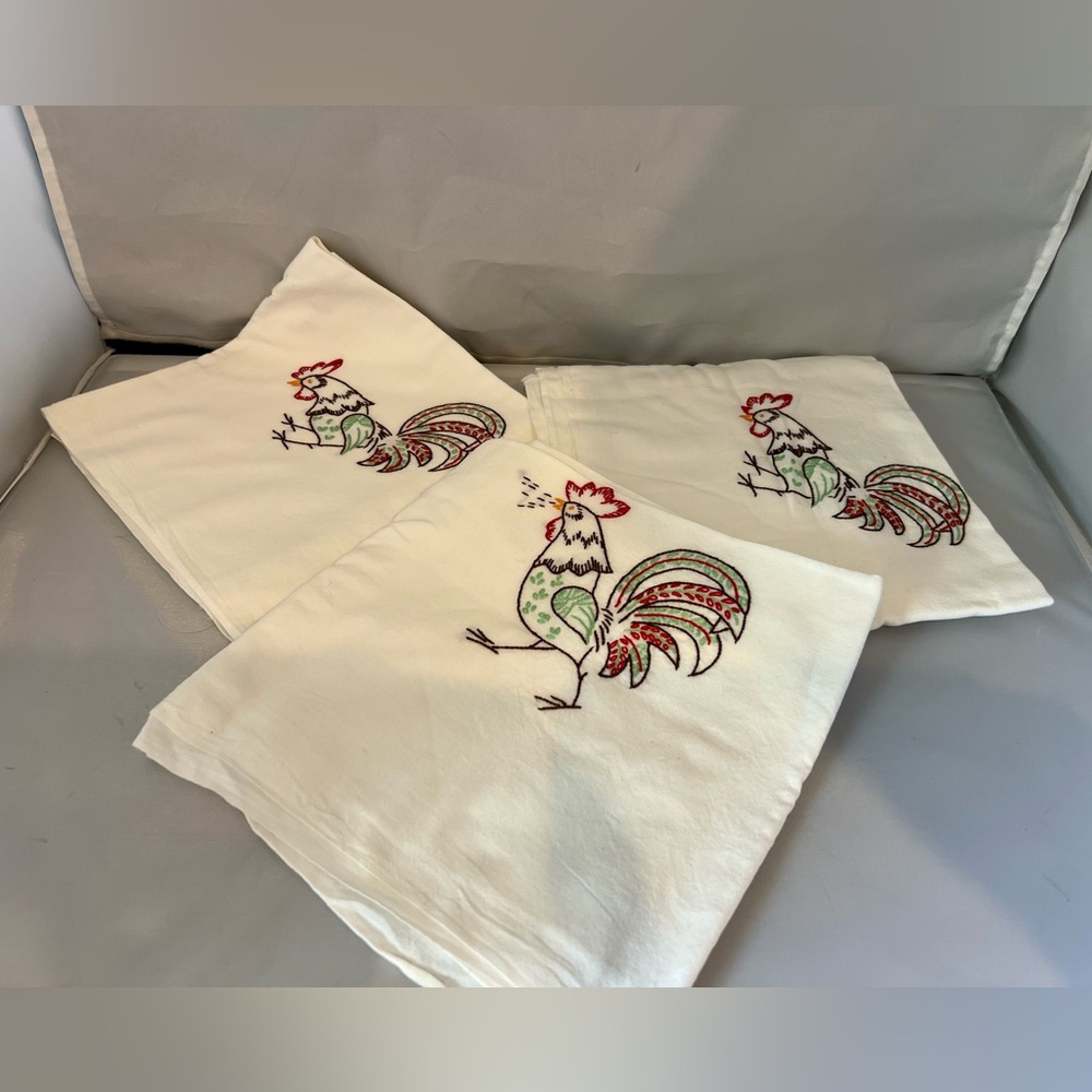 Colorful Rooster Embroidered Handmade Dish Towels
